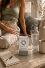 A woman lounges on a sofa with a knit hot-water bottle, beside a RESILOVIT box, a glass water bottle, and a mug on a wooden table.