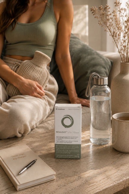 A woman lounges on a sofa with a knit hot-water bottle, beside a RESILOVIT box, a glass water bottle, and a mug on a wooden table.
