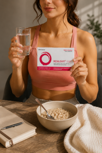 Woman in a pink sports bra holding a box of Resilovit pills next to a glass of water at a table with oatmeal and a notebook nearby.