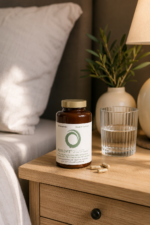 Brown bottle of dietary supplement on a wooden nightstand with a few capsules nearby, next to a glass of water and a plant in a cozy bedroom setting.