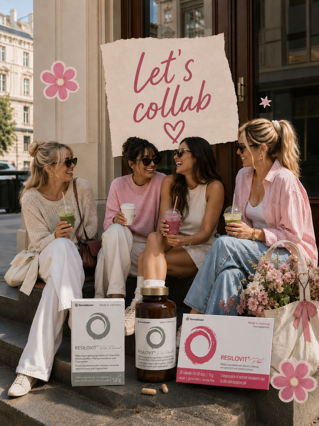 Four women sit together on steps under a pink torn poster that reads 'let's collab' with a heart, sharing colorful drinks and smiles.