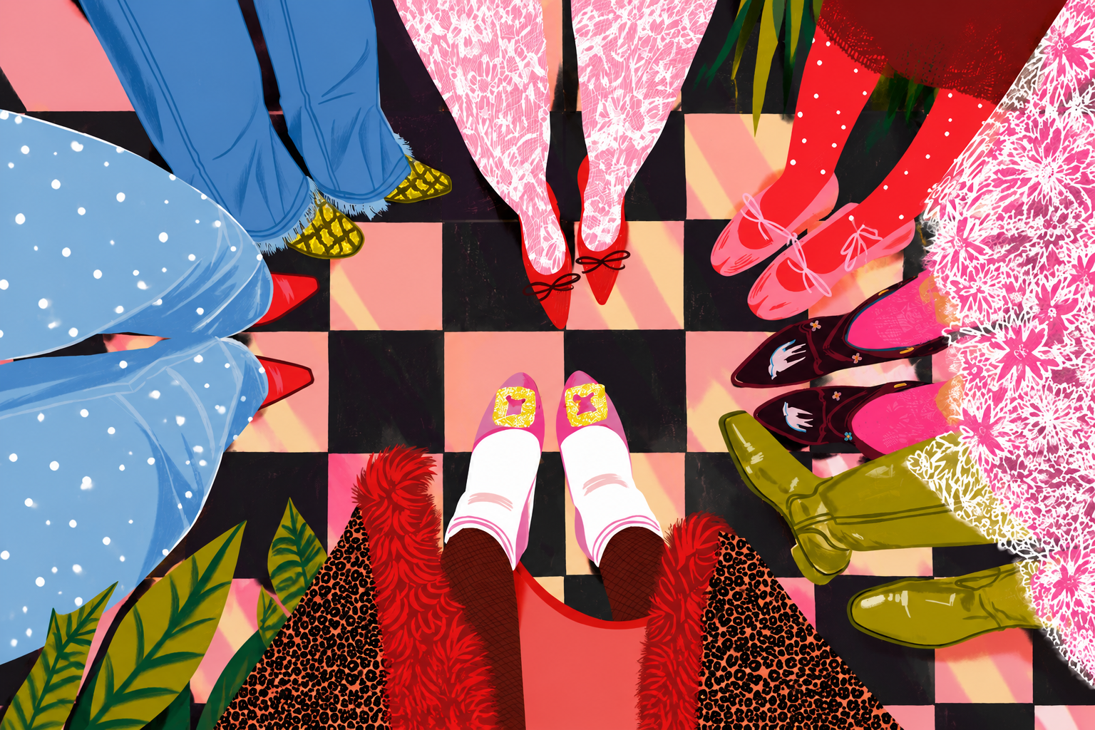 Top-down view of many colorful shoes and dresses arranged in a circle on a pink-and-black checkered floor, with pink heels at the center.