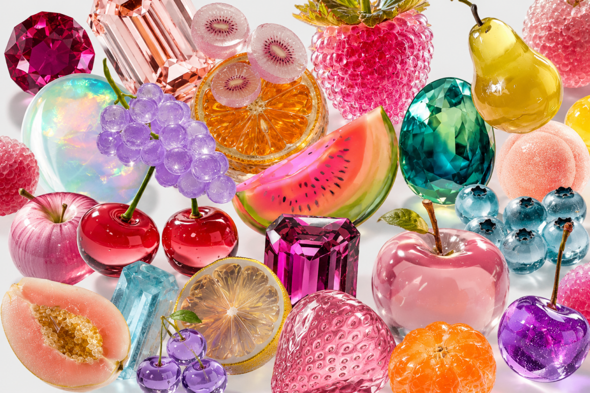 Bright collage of glossy fruits (cherries, apple, watermelon, grapes, orange, melon) and faceted gemstones in pink and blue.