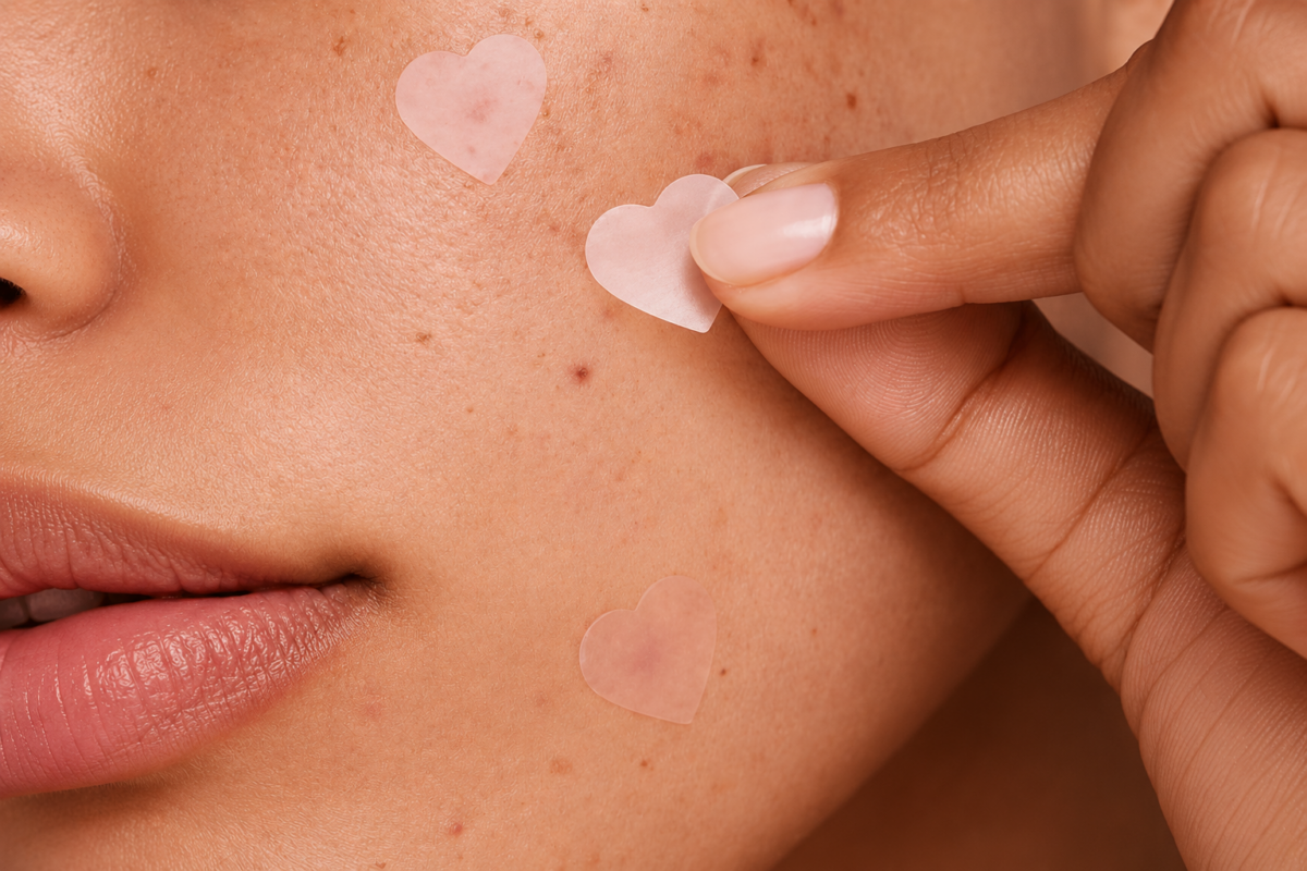 Close-up of a woman's cheek with pink heart-shaped skincare patches being applied to the skin.