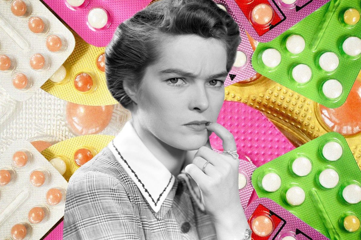 Black-and-white portrait of a woman in a plaid collared dress, set against a vibrant collage of assorted pill blister packs.