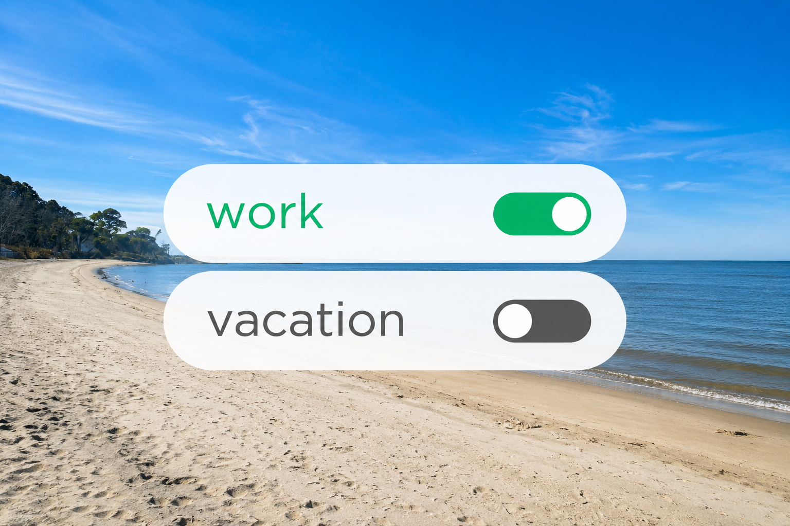 Παραλία με διακόπτες work και vacation, με ενεργοποιημένη την εργασία και απενεργοποιημένες τις διακοπές.